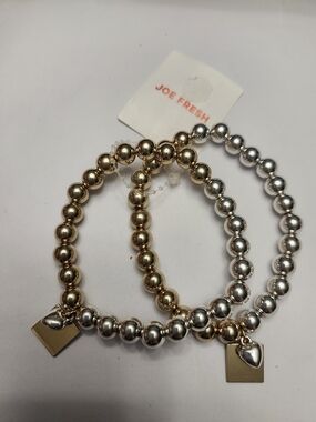 Joe Fresh Gold & Silver Beaded Bracelet Duo with Heart and Square Charms
